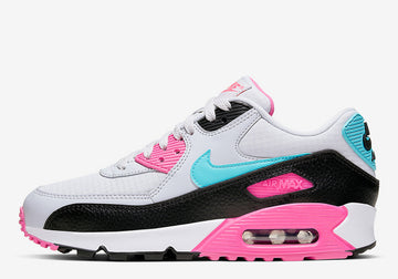 Nike Air Max 90
	•	Colorway: A striking mix of Hyper Pink, Light Blue (Turquoise), Black, and White